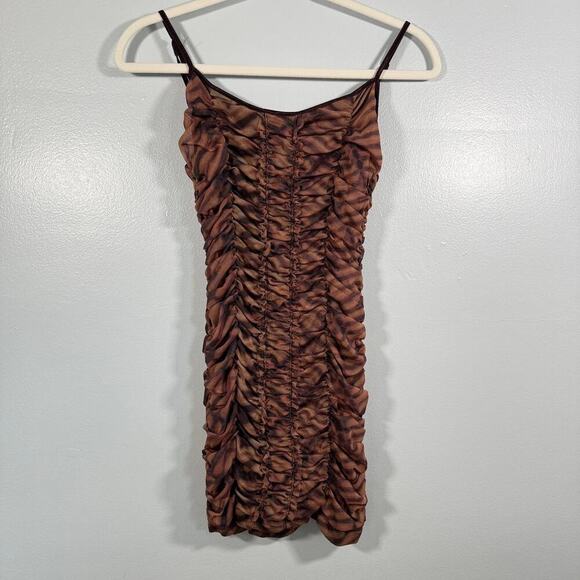 Urban Outfitters Ruched Mesh Mini Dress Animal Leopard Brown Y2K Bodycon - Picture 5 of 8